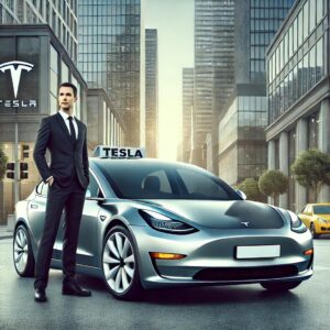 Chauffeur VTC à côté d'une Tesla Model 3 dans un environnement urbain animé