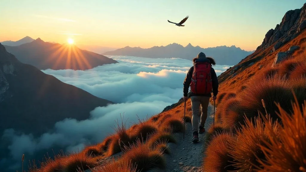 Un randonneur équipé d’un sac à dos et de bâtons de marche progresse sur un sentier escarpé au cœur des Alpes, avec une vue spectaculaire sur une mer de nuages en contrebas. Les crêtes enneigées s'élèvent au loin, tandis qu'un aigle royal plane majestueusement dans le ciel bleu. La texture détaillée des roches, le vent soulevant légèrement les herbes alpines et les ombres projetées par le soleil couchant créent une atmosphère immersive. Une sensation de liberté et d’aventure se dégage de cette scène grandiose