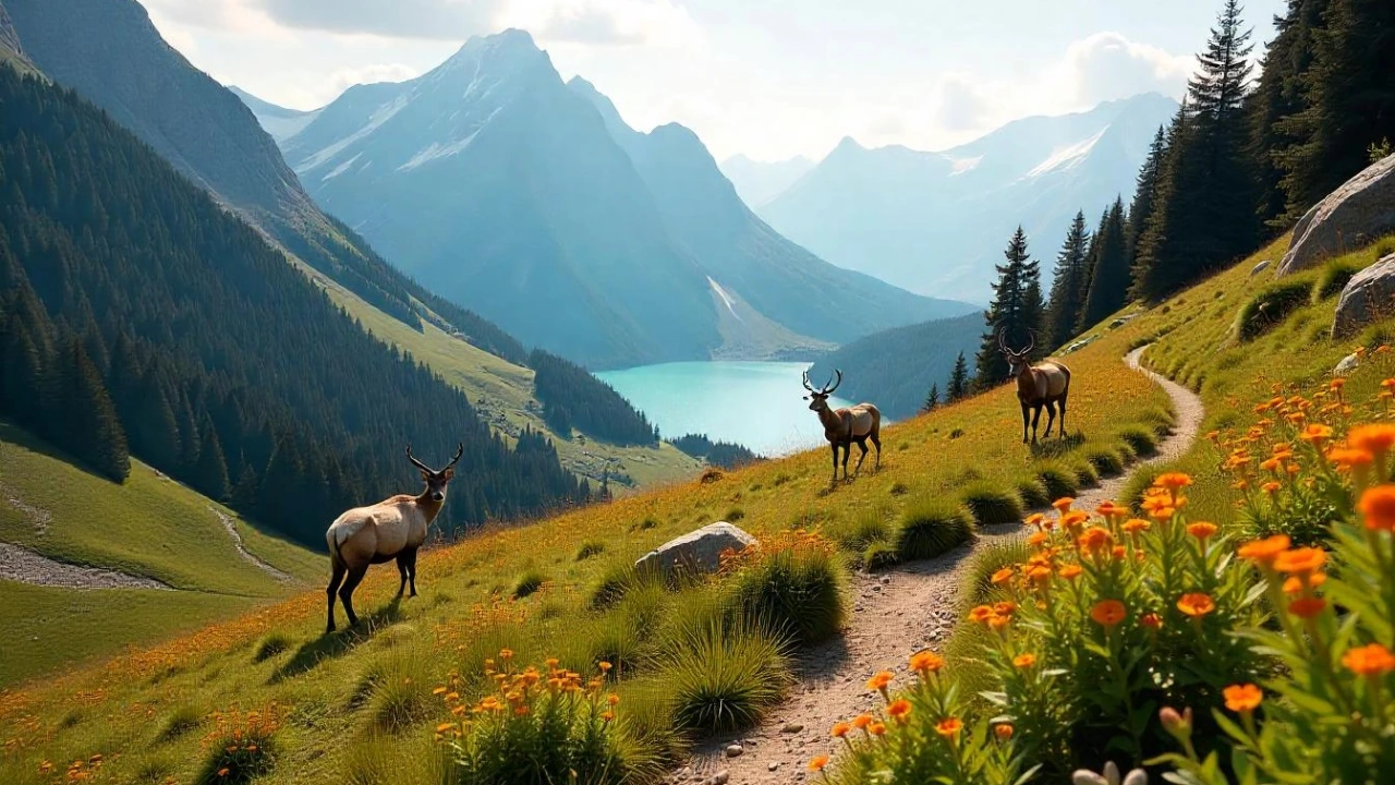 Un sentier de montagne serpentant à travers une vallée alpine luxuriante, entouré de fleurs sauvages colorées et de pins majestueux. Des bouquetins et des chamois escaladent des rochers escarpés sous un ciel clair, tandis qu'une marmotte curieuse observe la scène depuis une prairie ensoleillée. En arrière-plan, des sommets enneigés se dressent fièrement, contrastant avec un lac d'altitude aux eaux turquoise reflétant les montagnes. L’ambiance est paisible, avec une lumière douce du matin illuminant ce paysage préservé