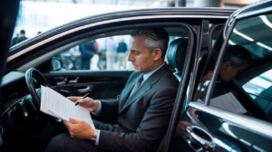 un chauffeur privé qui fait ses comptes dans son véhicules en attendant un client à l'aéroport