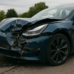 la Tesla Tesla Model 3 d'un chauffeur VTC accidenter à l'avant