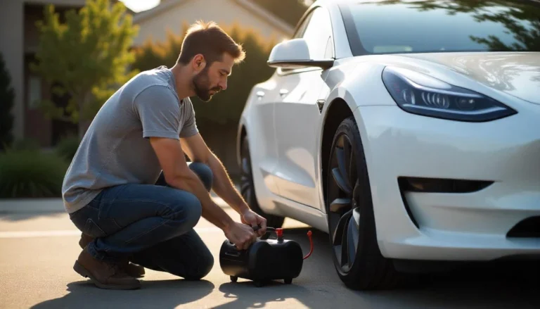 un homme qui gonfle les pneus de sa tesla avec un gonfleur pneu