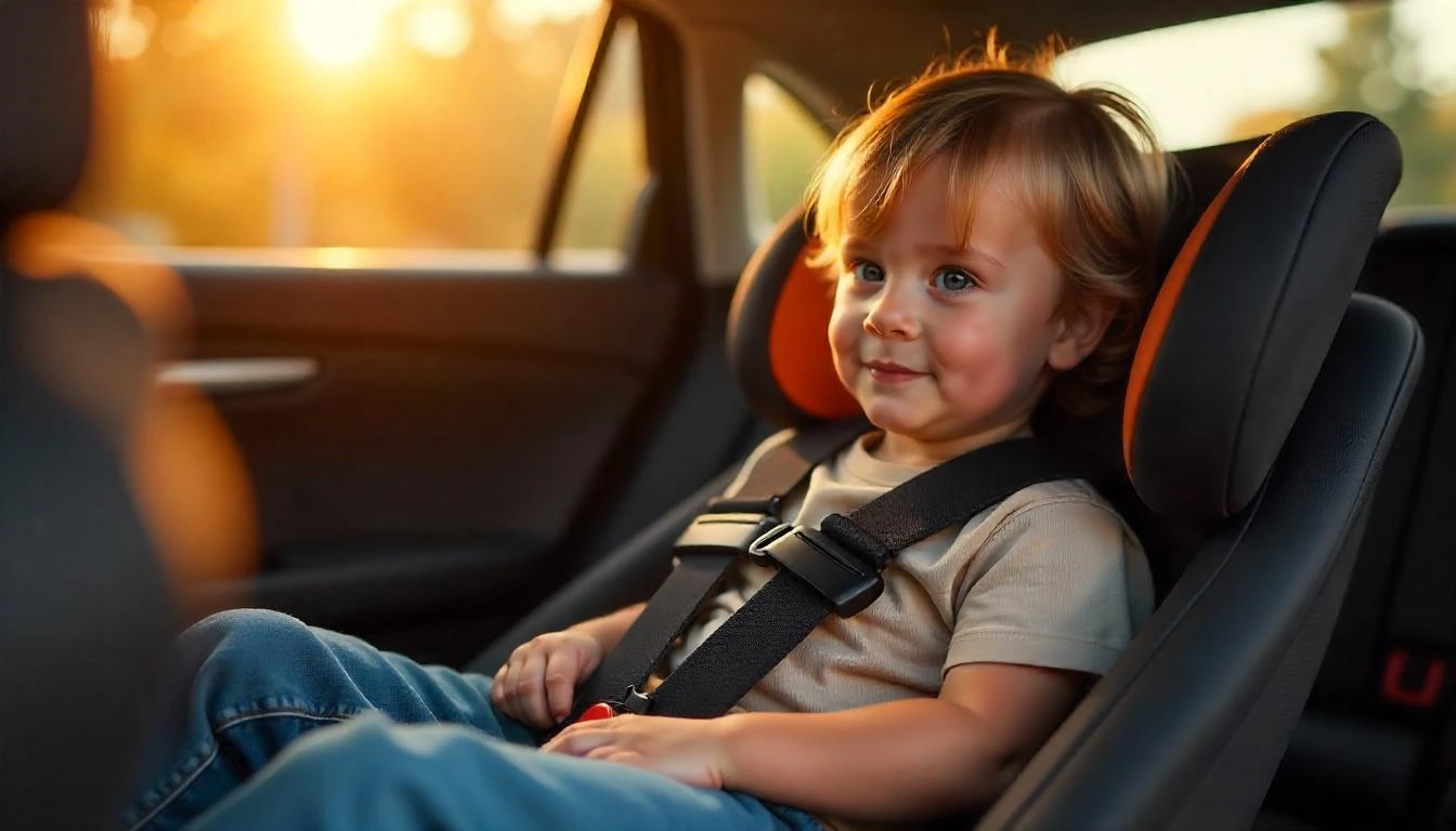 un enfant de 4 ans installer dans un réhausseur voiture