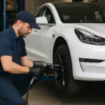 Un garagiste qui change une roue sur une tesla model 3