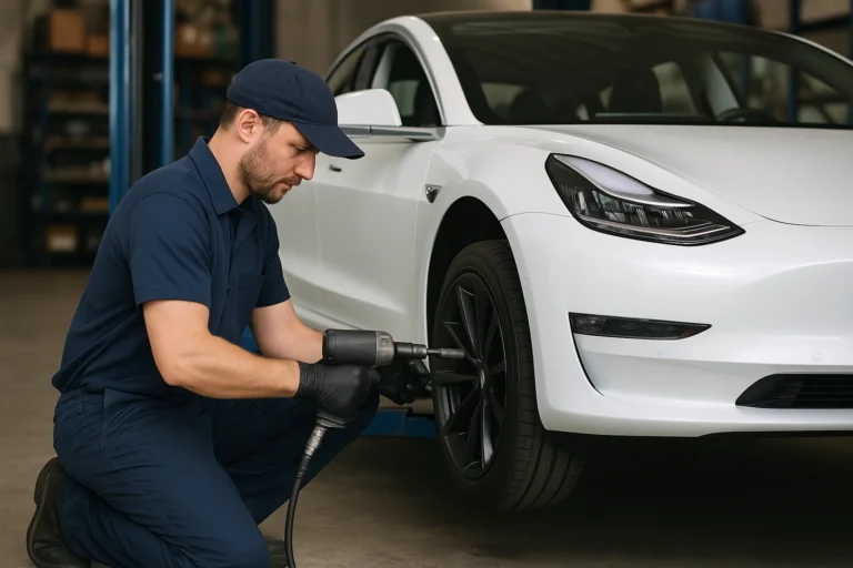 Un garagiste qui change une roue sur une tesla model 3