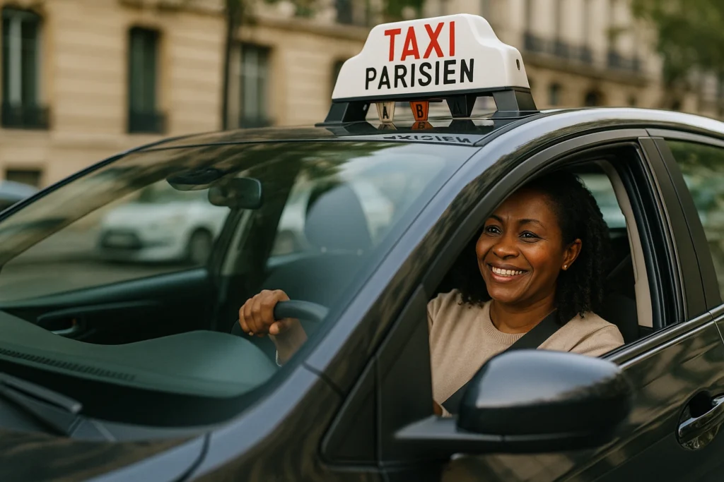 une femme au volant d'un taxi parisien