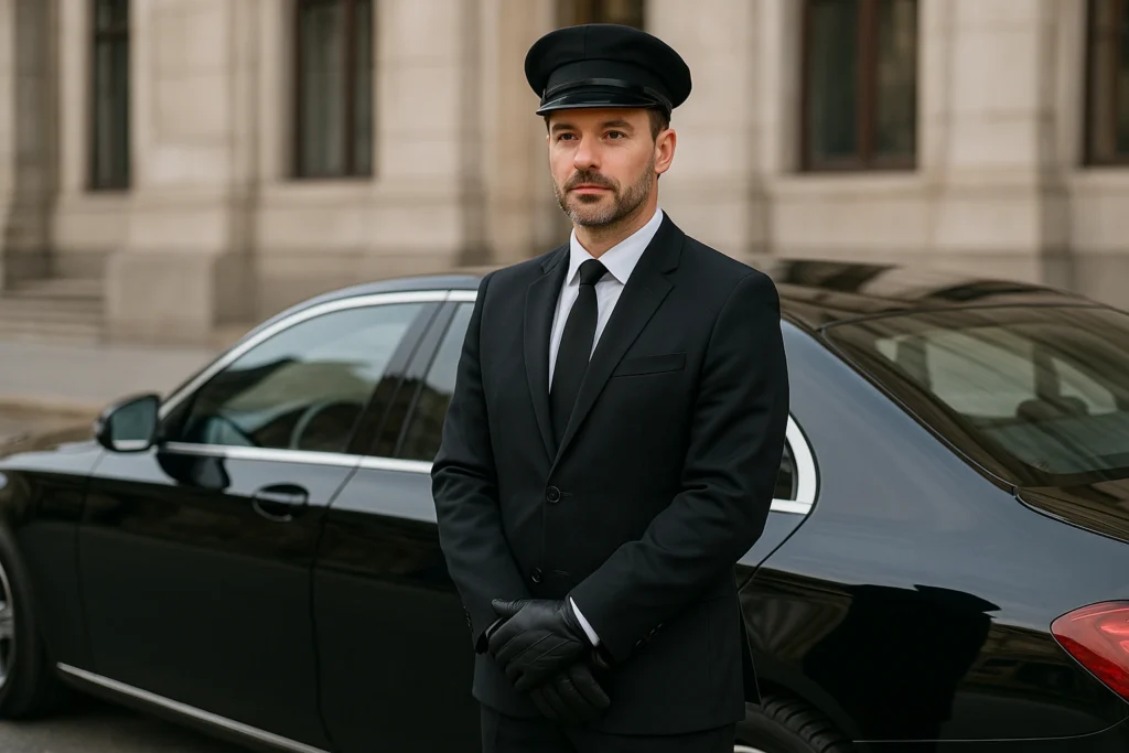 un chauffeur de maitre à Paris devant un palace
