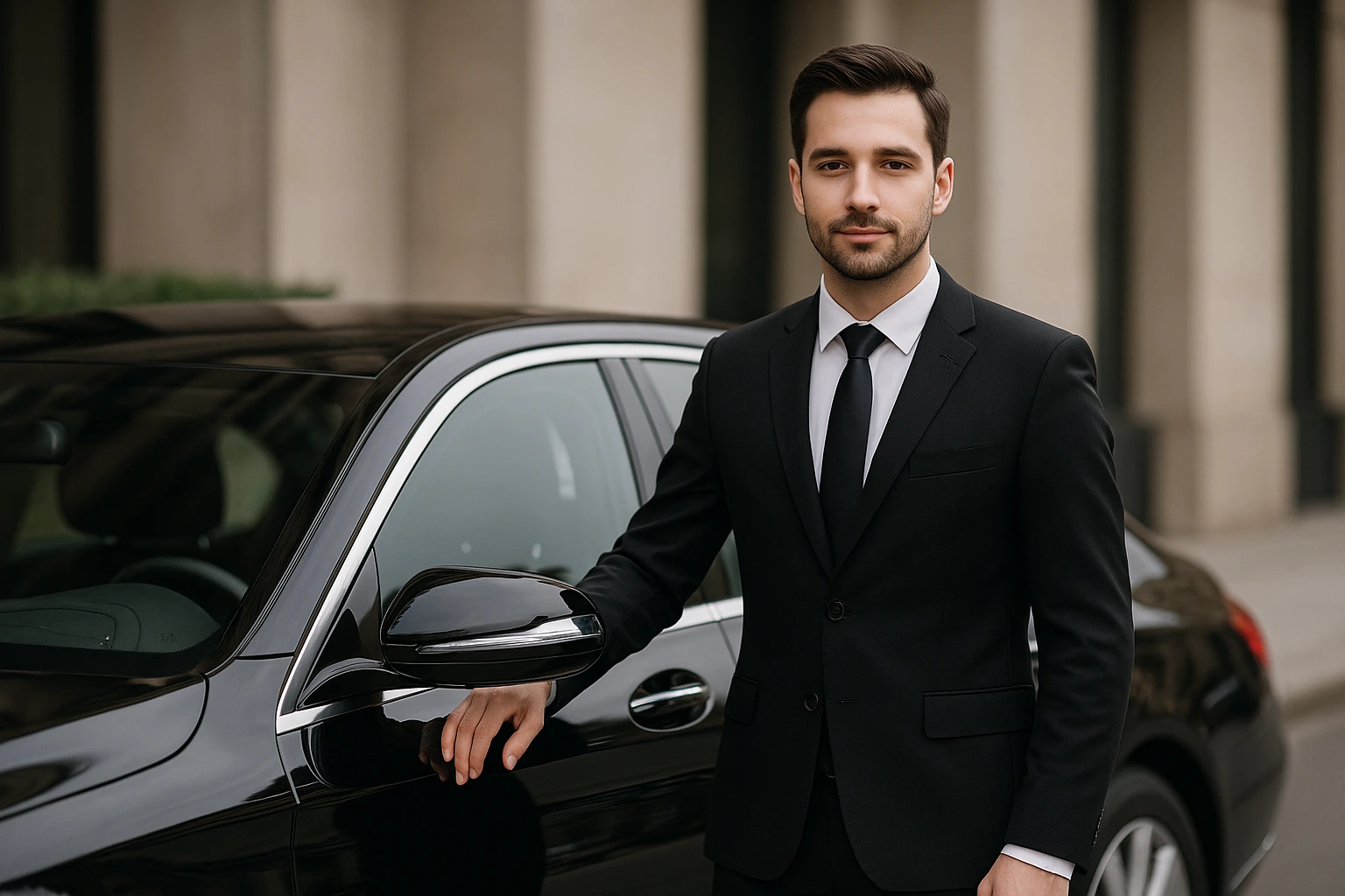 un chauffeur de maitre qui attend devant un hôtel