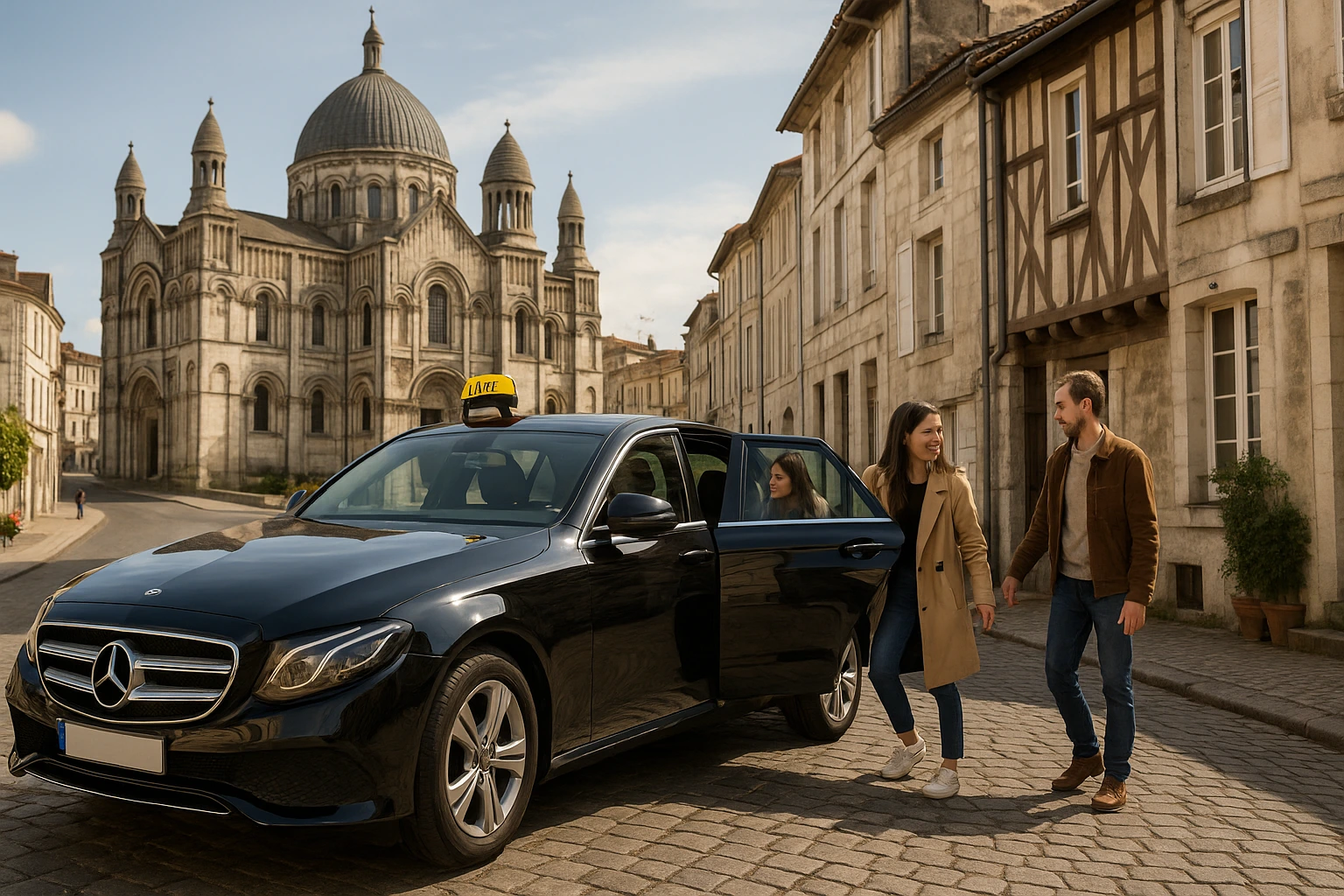 Un taxi à Angoulême en Mercedes noir dans une rue pavée avec la cathédrale Saint-Pierre en arrière-plan