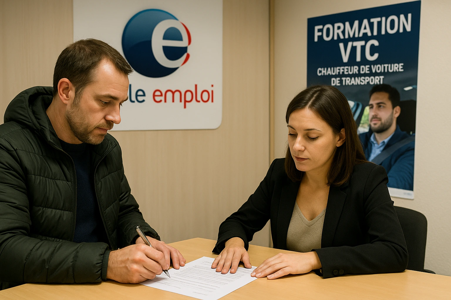une conseille France Travaille qui oriente un homme vers Uber VTC