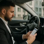 un chauffeur VTC qui fait des recherches avec son smartphone sur uberzone.fr