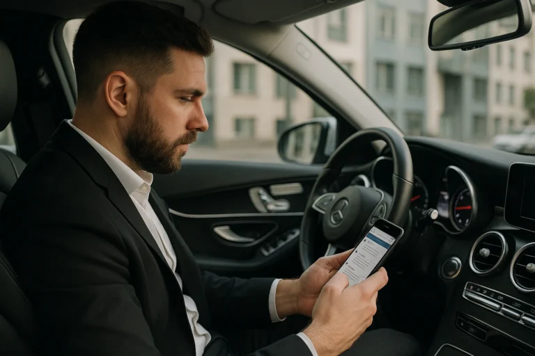 un chauffeur VTC qui fait des recherches avec son smartphone sur uberzone.fr