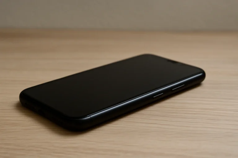 Smartphone éteint posé sur une table, n'émettant pas d'ondes radio