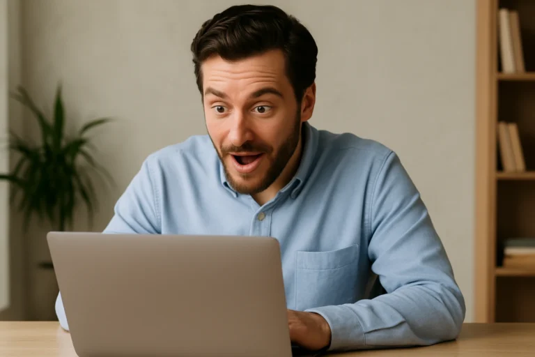 Homme réagissant avec surprise à une information trouvée grâce à la fonction I'm Feeling Curious de Google