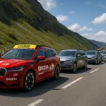 les voitures du tour de France, en tête celle du directeur de course Christian Prudhomme