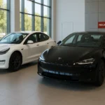 Deux Tesla Model 3 exposées côte à côte dans un showroom moderne, une version BlueStar blanche et une version Highland noire