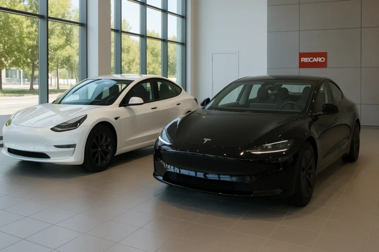 Deux Tesla Model 3 exposées côte à côte dans un showroom moderne, une version BlueStar blanche et une version Highland noire