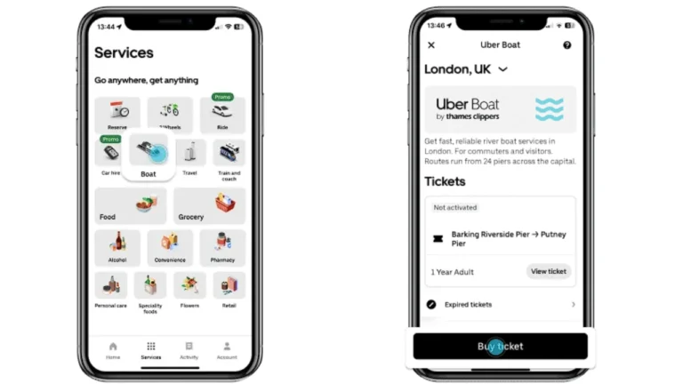 interface Uber Boat Londres pour commander un bateau sur la tamise