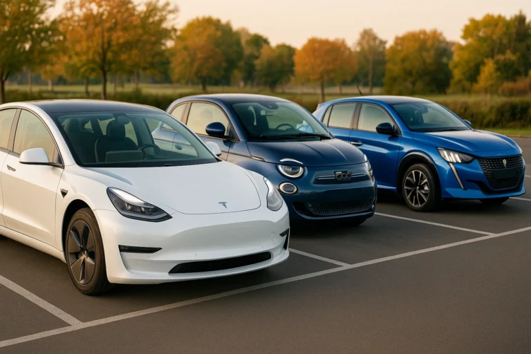 voiture electrique occasion, Tesla model 3, Fiat 500e, Peugeot e-208