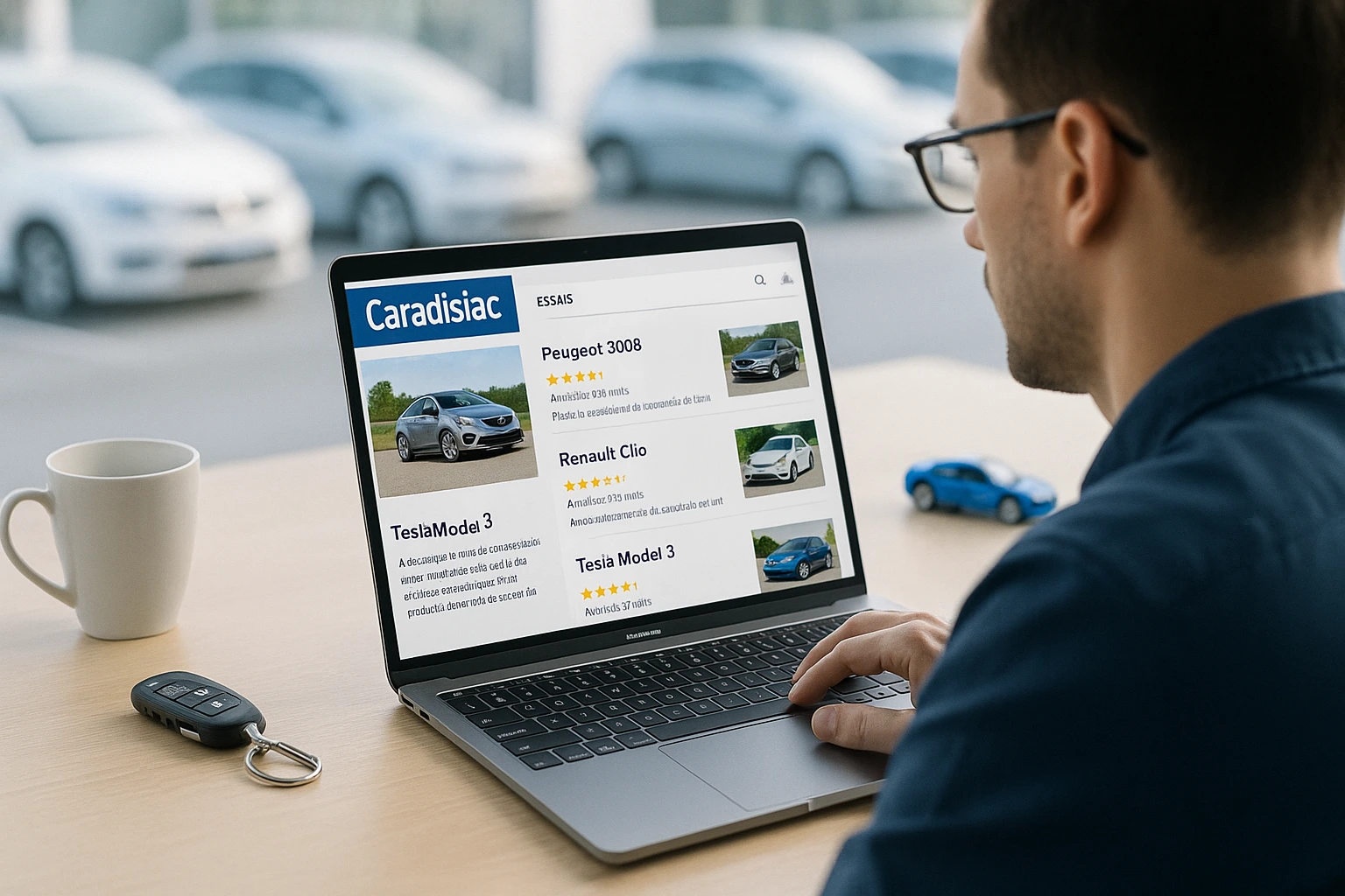 Chauffeur VTC consultant les avis Caradisiac sur son ordinateur portable avec clés de voiture et café sur le bureau