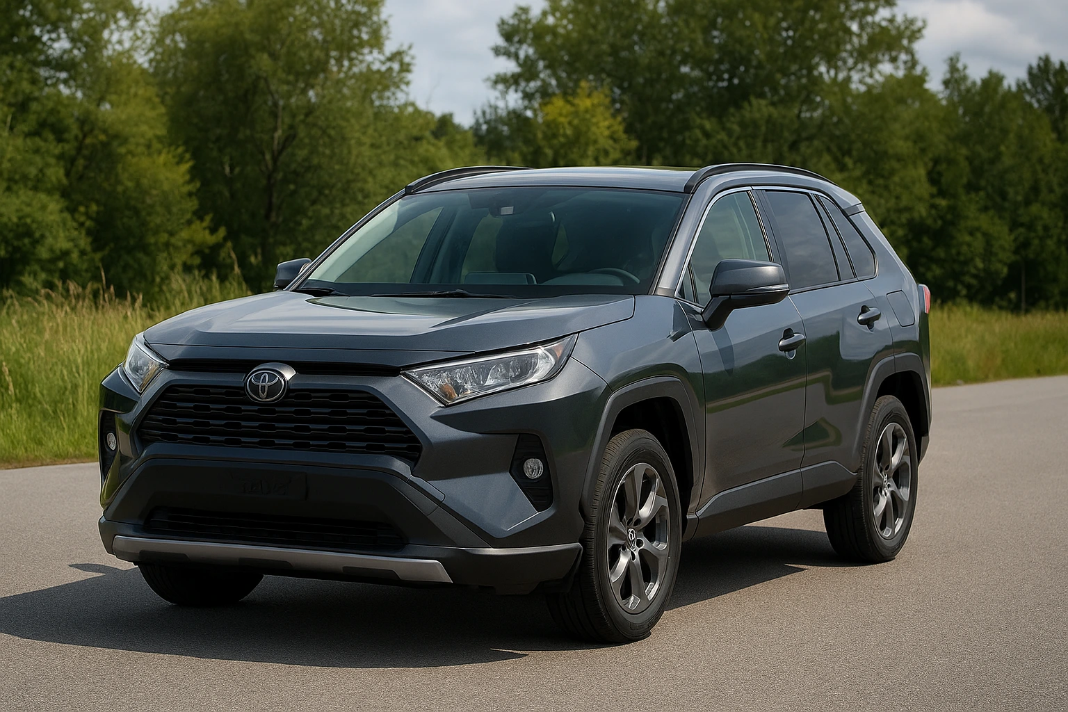 Toyota RAV4 5e génération gris métallisé garé sur route, illustration de la fiabilité du SUV compact