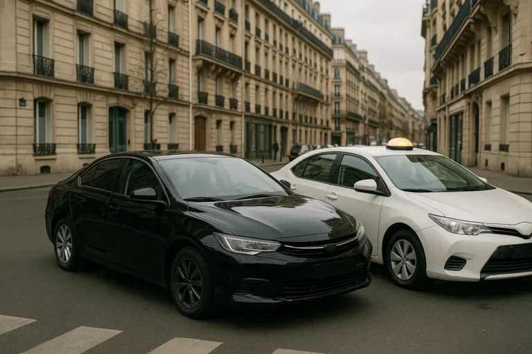 Voiture Uber noire et taxi parisien blanc alignés dans une rue haussmannienne à Paris