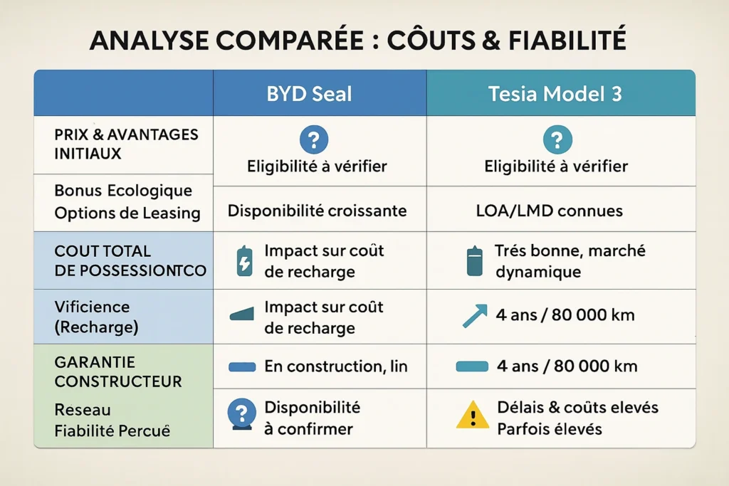 analyse couts et fiabilité : BYD Seal et TESLA Model 3