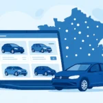 Illustration du site Leparking montrant un ordinateur avec des annonces de voitures et une carte de la France