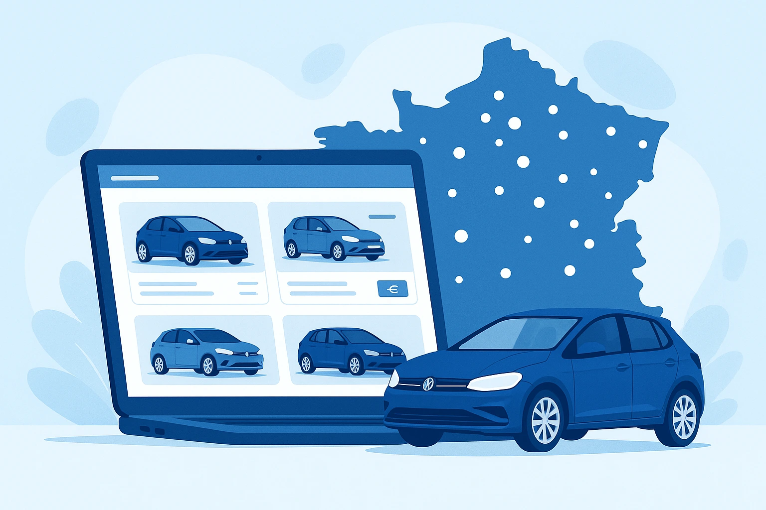 Illustration du site Leparking montrant un ordinateur avec des annonces de voitures et une carte de la France