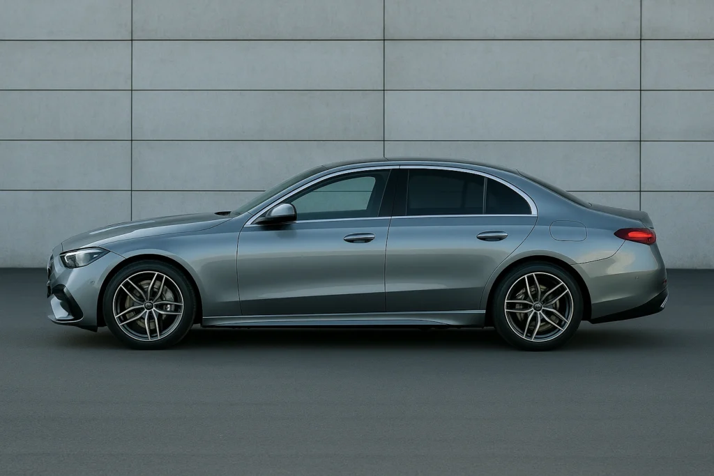 Vue de profil de la Mercedes Classe E (2023) sur fond urbain