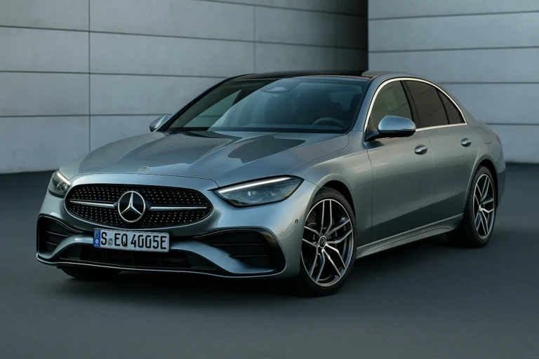 Vue avant de la Mercedes Classe E (2023) garée devant un mur en béton