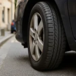 Pneu avant craquelé sur le flanc, voiture stationnée dans une rue pavée à Paris