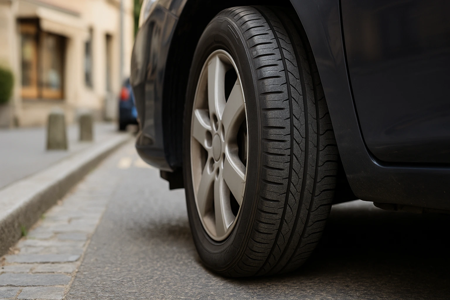 Pneu avant craquelé sur le flanc, voiture stationnée dans une rue pavée à Paris