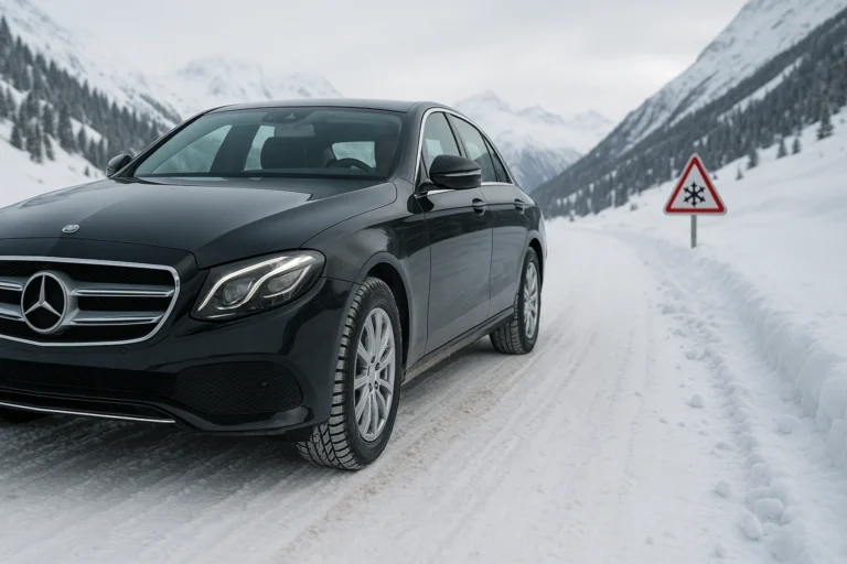 Mercedes Classe E circulant sur une route de montagne enneigée, illustrant les conditions hivernales visées par la loi Montagne.