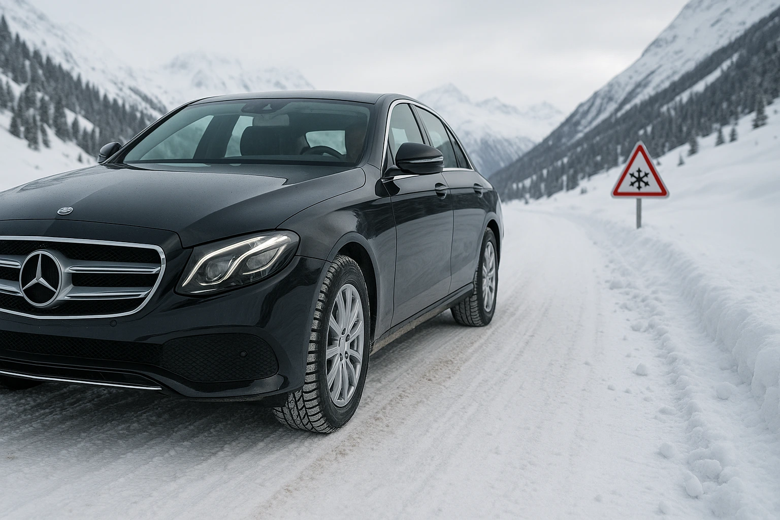 Mercedes Classe E circulant sur une route de montagne enneigée, illustrant les conditions hivernales visées par la loi Montagne.