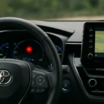Voyant rouge clignotant sur le tableau de bord d’une Toyota Corolla éteinte indiquant le système de sécurité actif