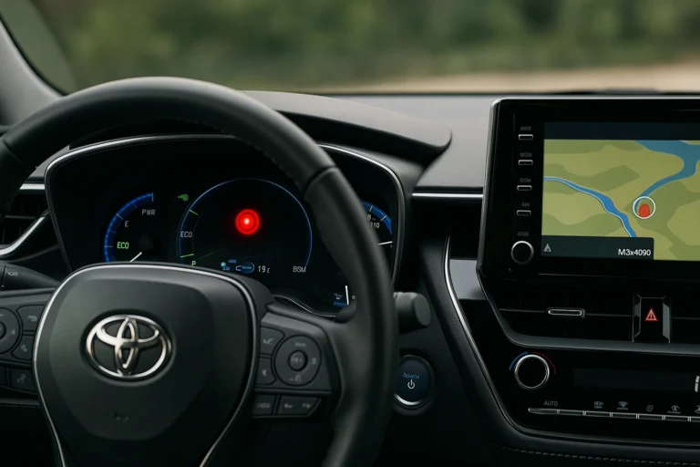 Voyant rouge clignotant sur le tableau de bord d’une Toyota Corolla éteinte indiquant le système de sécurité actif