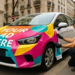 Un professionnel applique un covering publicitaire coloré sur une voiture blanche stationnée en ville.