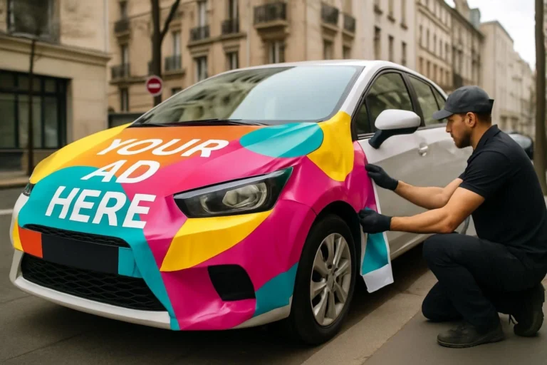 Un professionnel applique un covering publicitaire coloré sur une voiture blanche stationnée en ville.