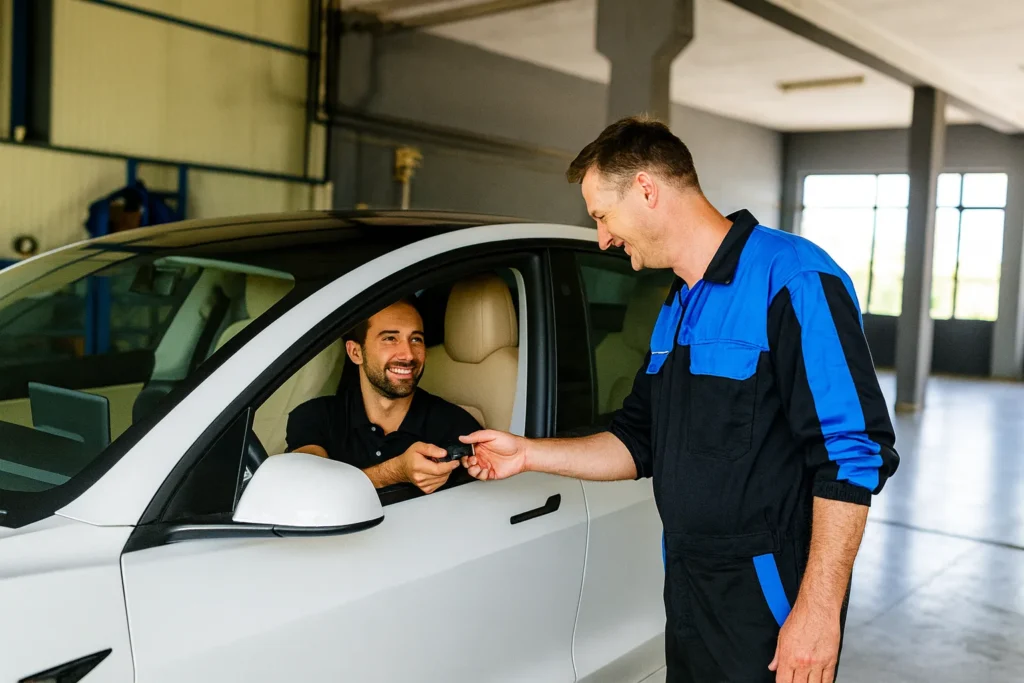 Un conducteur dans une Tesla Model 3 remet ses clés à un mécanicien dans un garage pour éviter de conduire sans contrôle technique