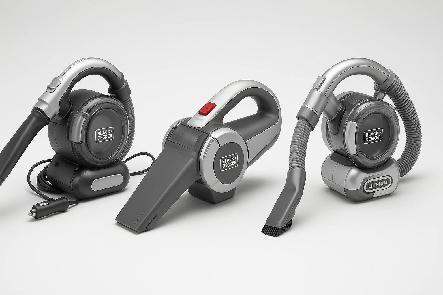 Trois aspirateurs Black+Decker pour voiture présentés sur fond neutre, modèles compacts et modernes adaptés au nettoyage automobile.