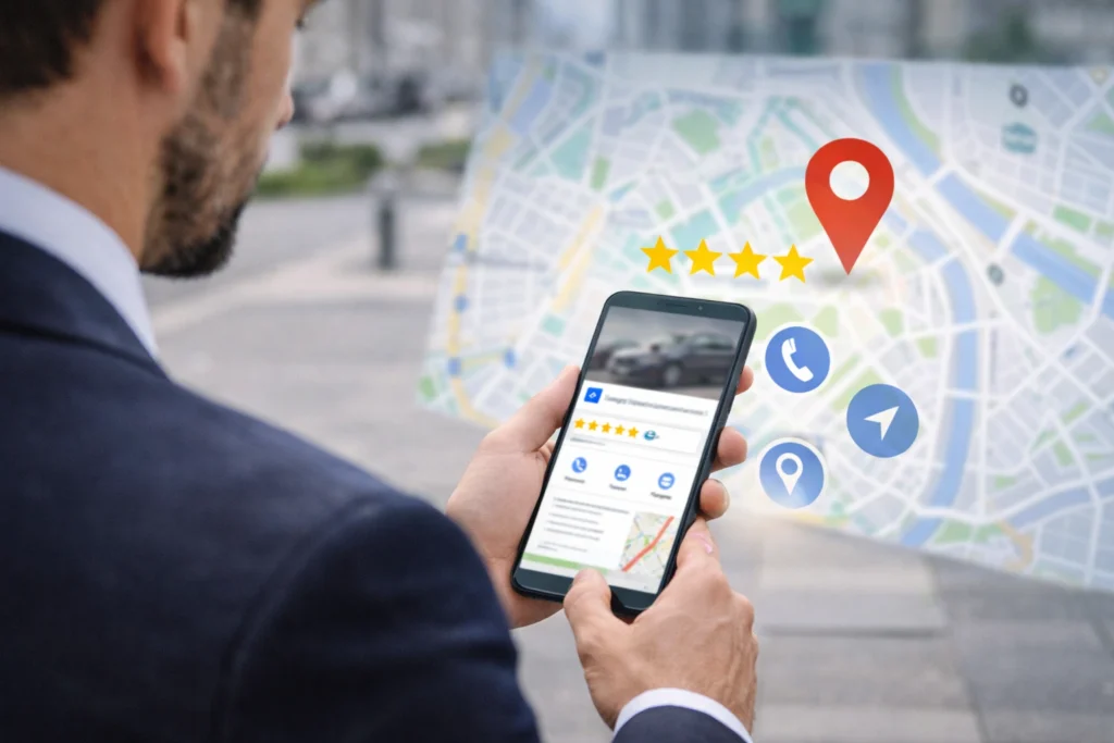 Un chauffeur VTC consultant son smartphone affichant sa fiche établissement Google