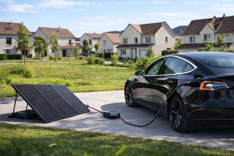 Panneau solaire Sunethic qui recharge une voiture électrique Tesla