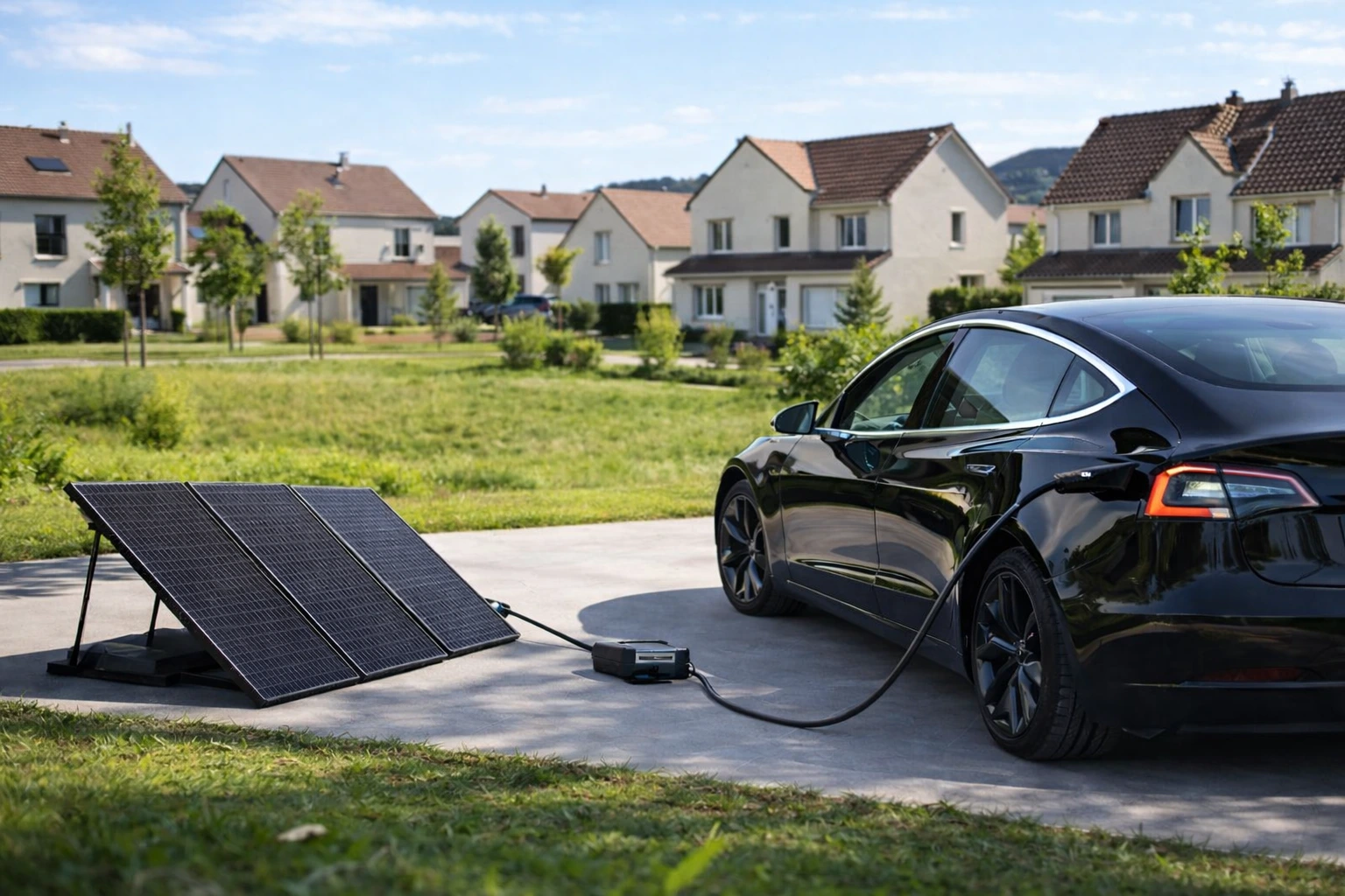 Panneau solaire Sunethic qui recharge une voiture électrique Tesla