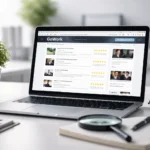 Ordinateur portable affichant une plateforme d’avis sur les entreprises avec notes et commentaires