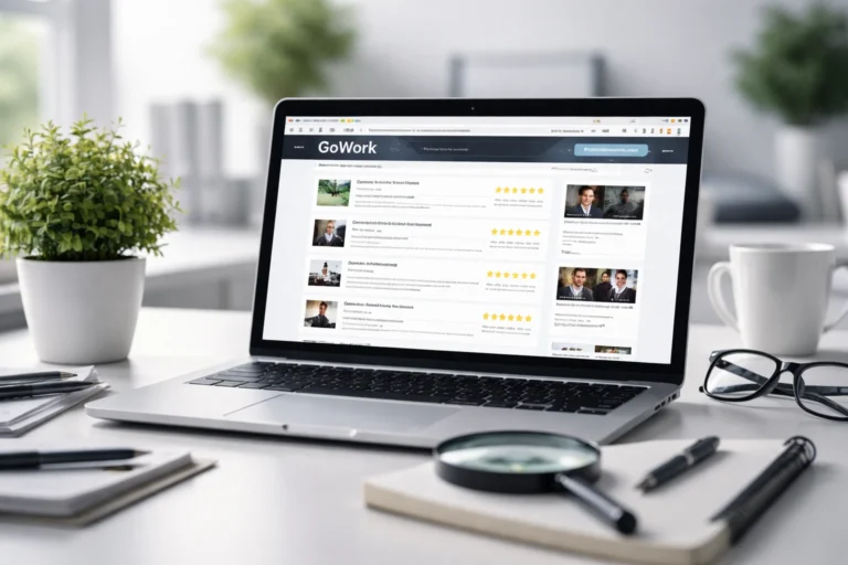 Ordinateur portable affichant une plateforme d’avis sur les entreprises avec notes et commentaires