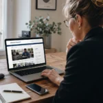 Indépendante consultant conseils-finance.fr sur un ordinateur pour sa veille professionnelle