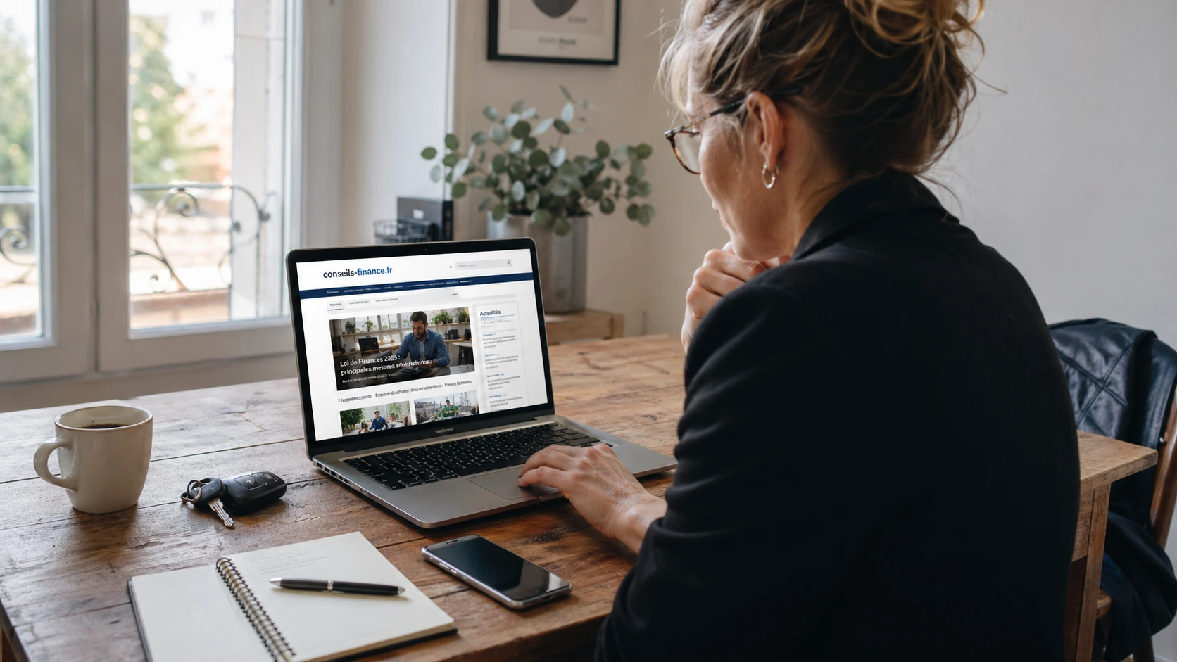 Indépendante consultant conseils-finance.fr sur un ordinateur pour sa veille professionnelle