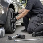 un technicien Allopneus qui mont un pneu neuf