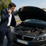 Chauffeur indépendant devant sa voiture en panne avec le capot ouvert